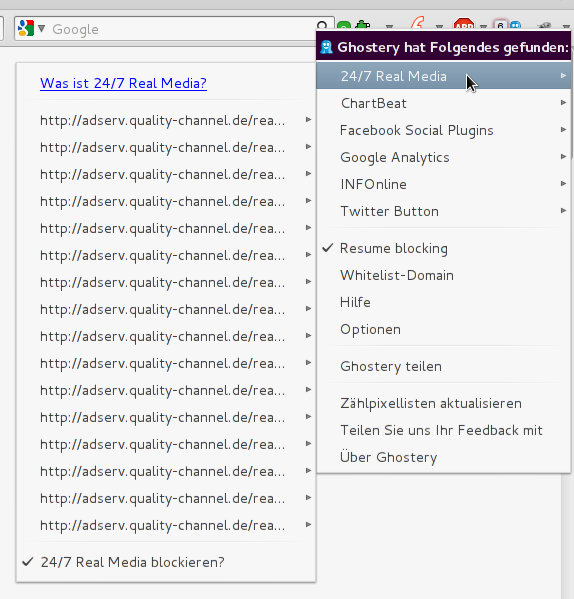 Screenshot von Spiegel Online mit der Firefox Extensions Ghostery